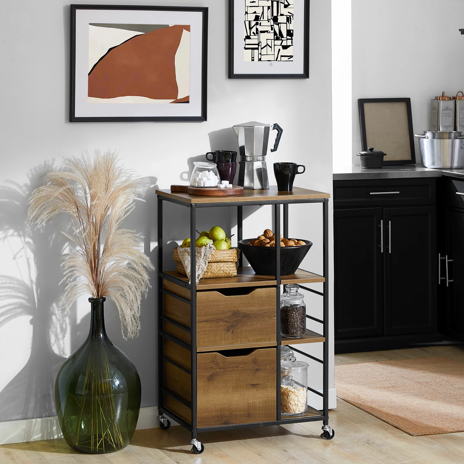 SoBuy FKW111 kitchen trolley with 2 drawers and 3 shelves, serving trolley, rolling cart, tea trolley, bar trolley, kitchen shelf with wheels