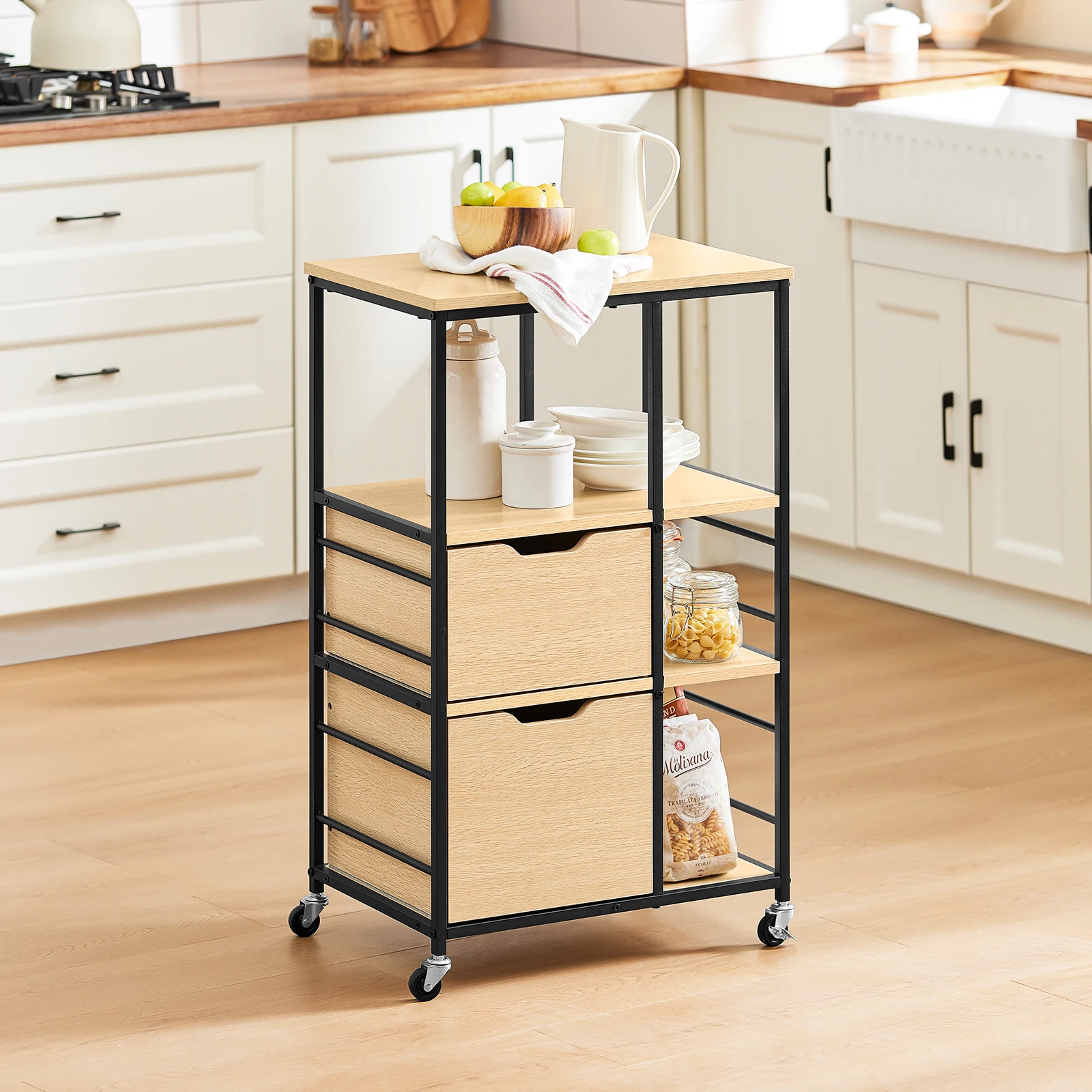 SoBuy FKW111 kitchen trolley with 2 drawers and 3 shelves, serving trolley, rolling cart, tea trolley, bar trolley, kitchen shelf with wheels