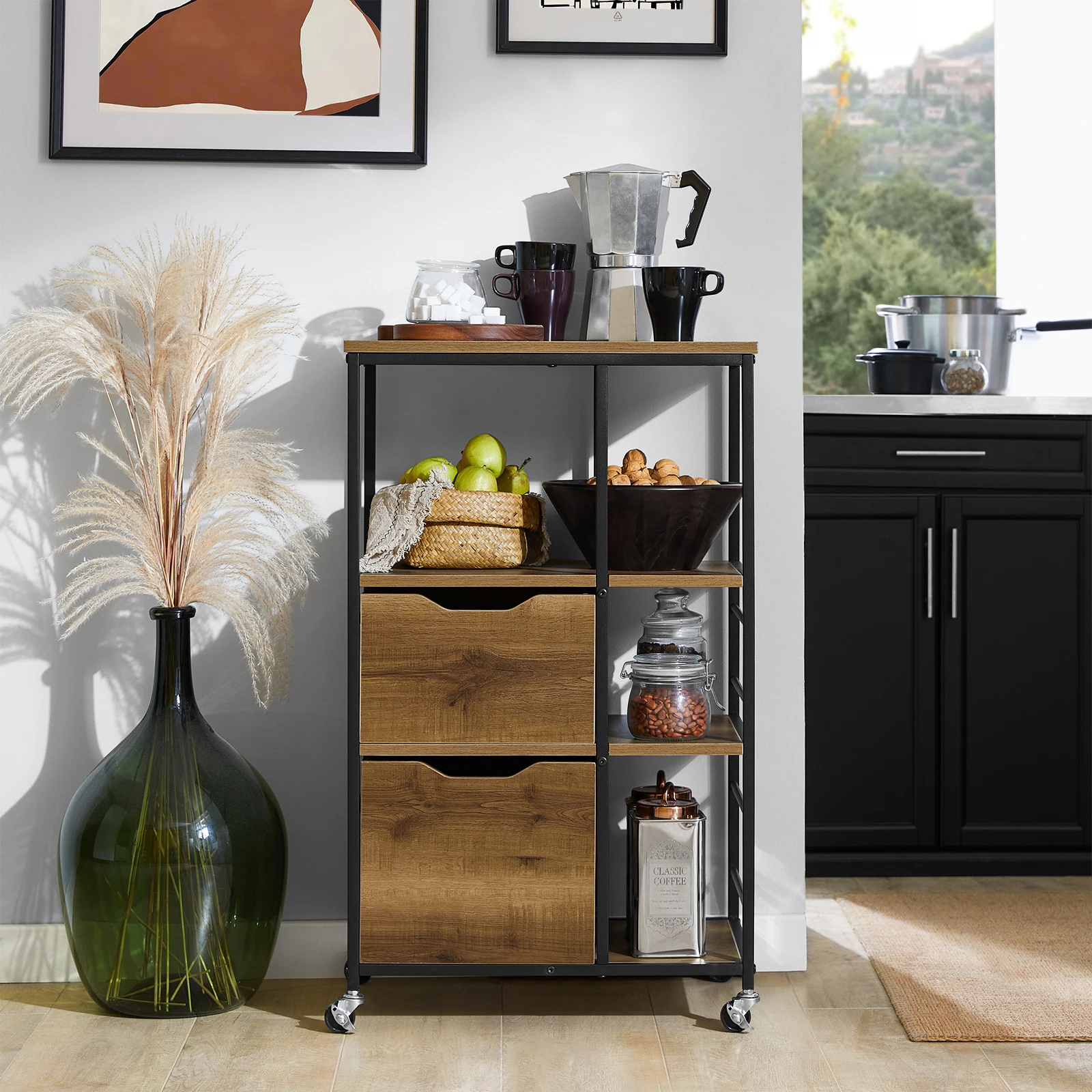 SoBuy FKW111 kitchen trolley with 2 drawers and 3 shelves, serving trolley, rolling cart, tea trolley, bar trolley, kitchen shelf with wheels