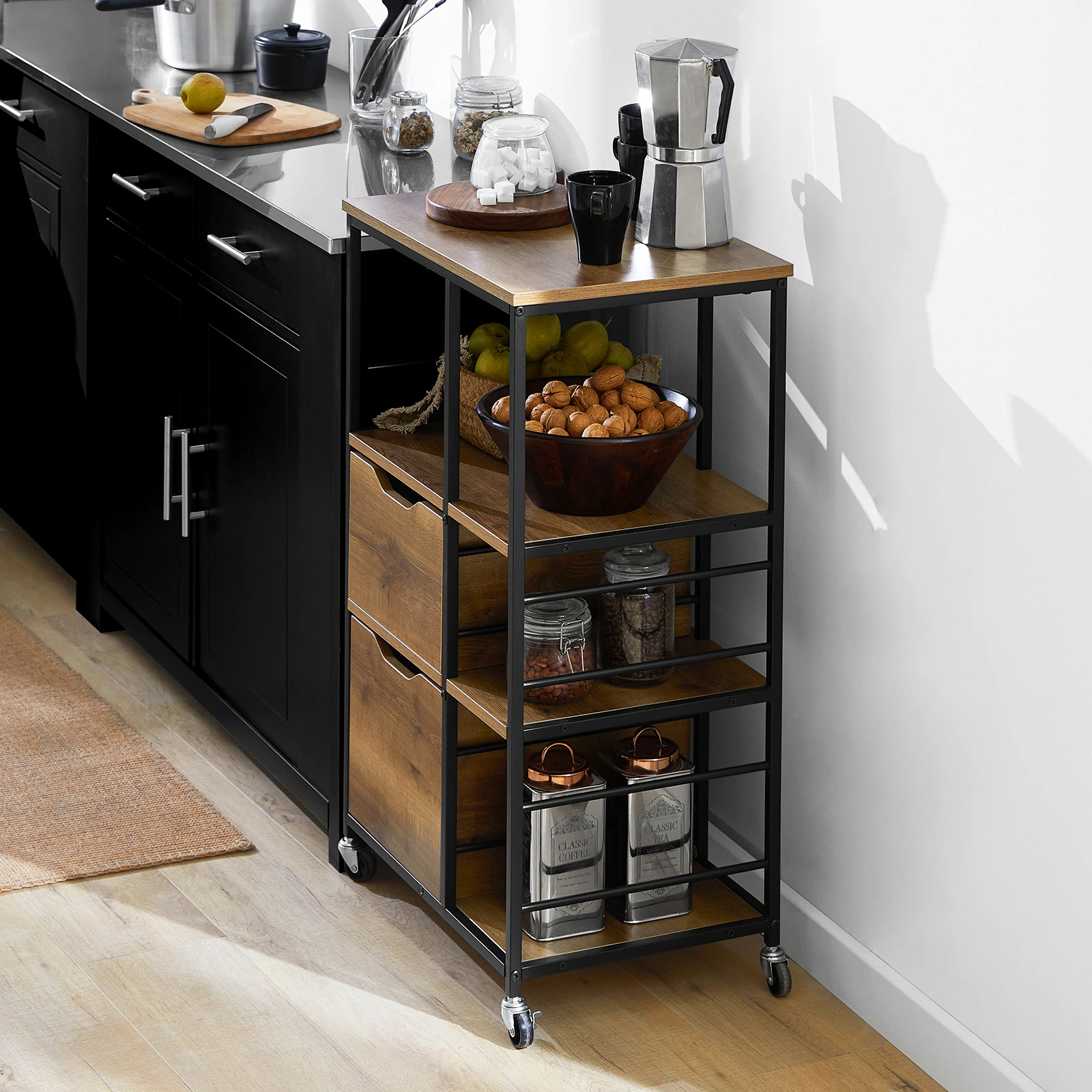 SoBuy FKW111 kitchen trolley with 2 drawers and 3 shelves, serving trolley, rolling cart, tea trolley, bar trolley, kitchen shelf with wheels