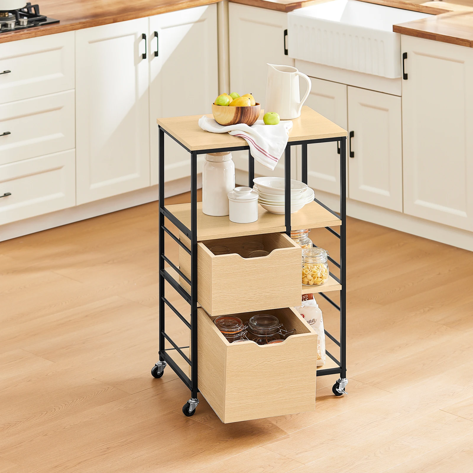 SoBuy FKW111 kitchen trolley with 2 drawers and 3 shelves, serving trolley, rolling cart, tea trolley, bar trolley, kitchen shelf with wheels