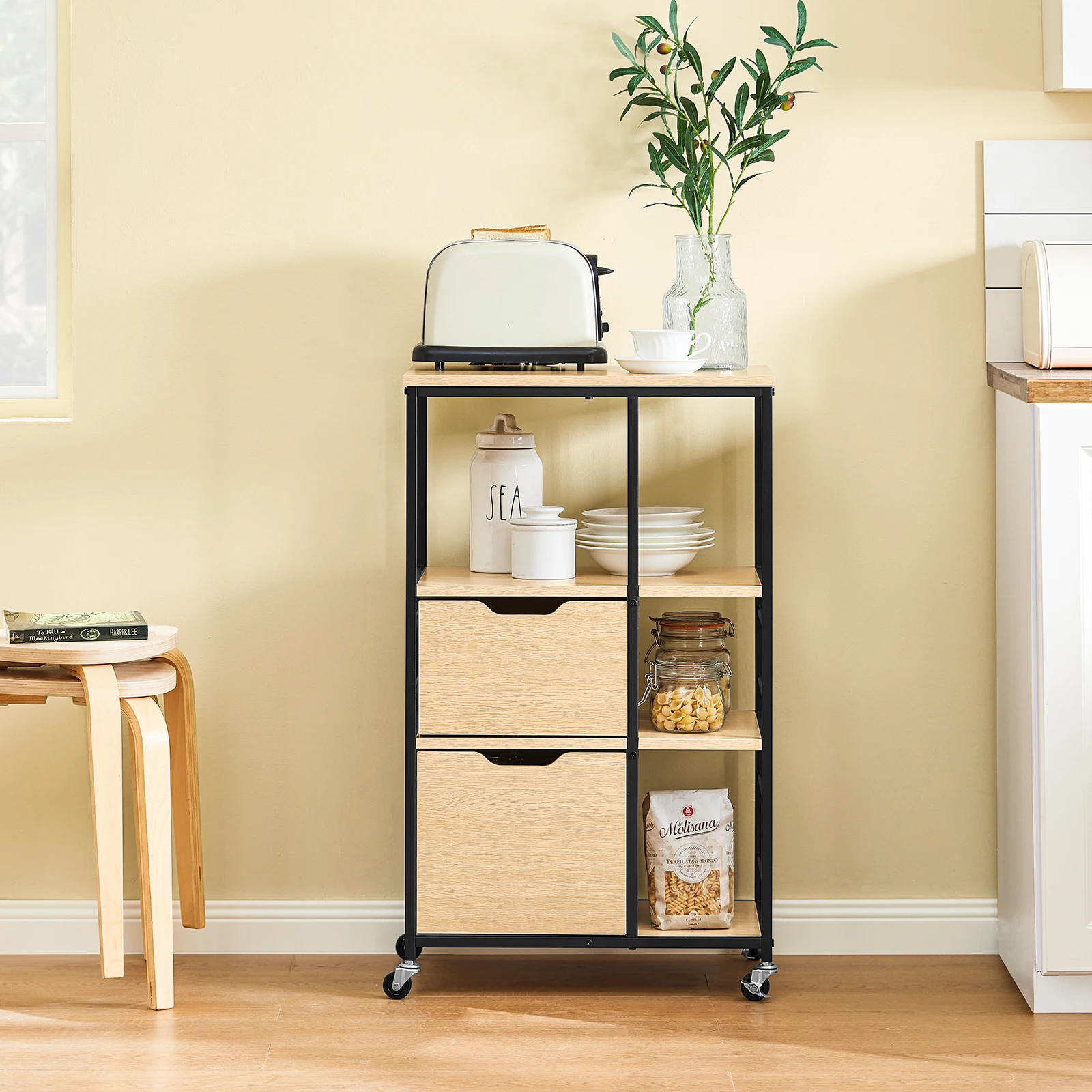 SoBuy FKW111 kitchen trolley with 2 drawers and 3 shelves, serving trolley, rolling cart, tea trolley, bar trolley, kitchen shelf with wheels