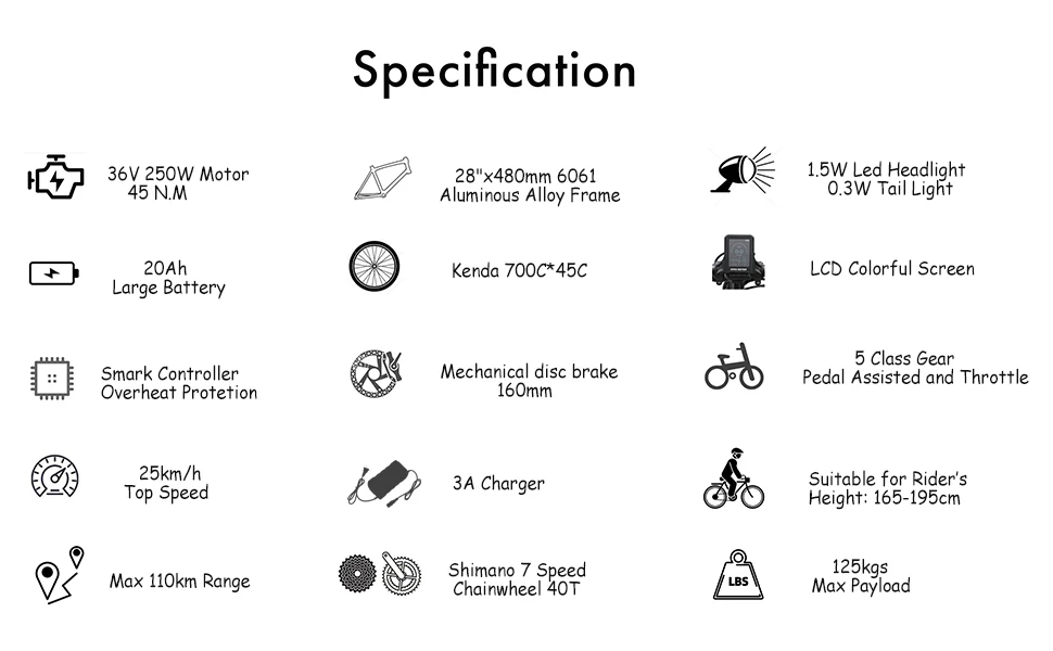 TTGO HZ-28ST Electric Bike 36V20Ah Battery 250W Motor Electric Bicycle,28 Inch Range 110 km,Lightweight Aluminium E-City Bike