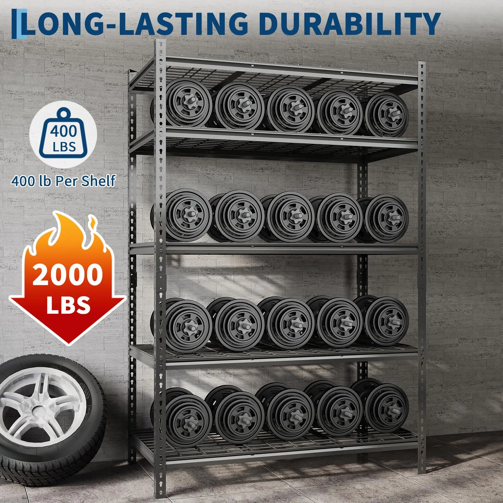 5-Tier Adjustable Metal Shelving Unit with 2000 Lbs Capacity,  for Garage and Home Organization