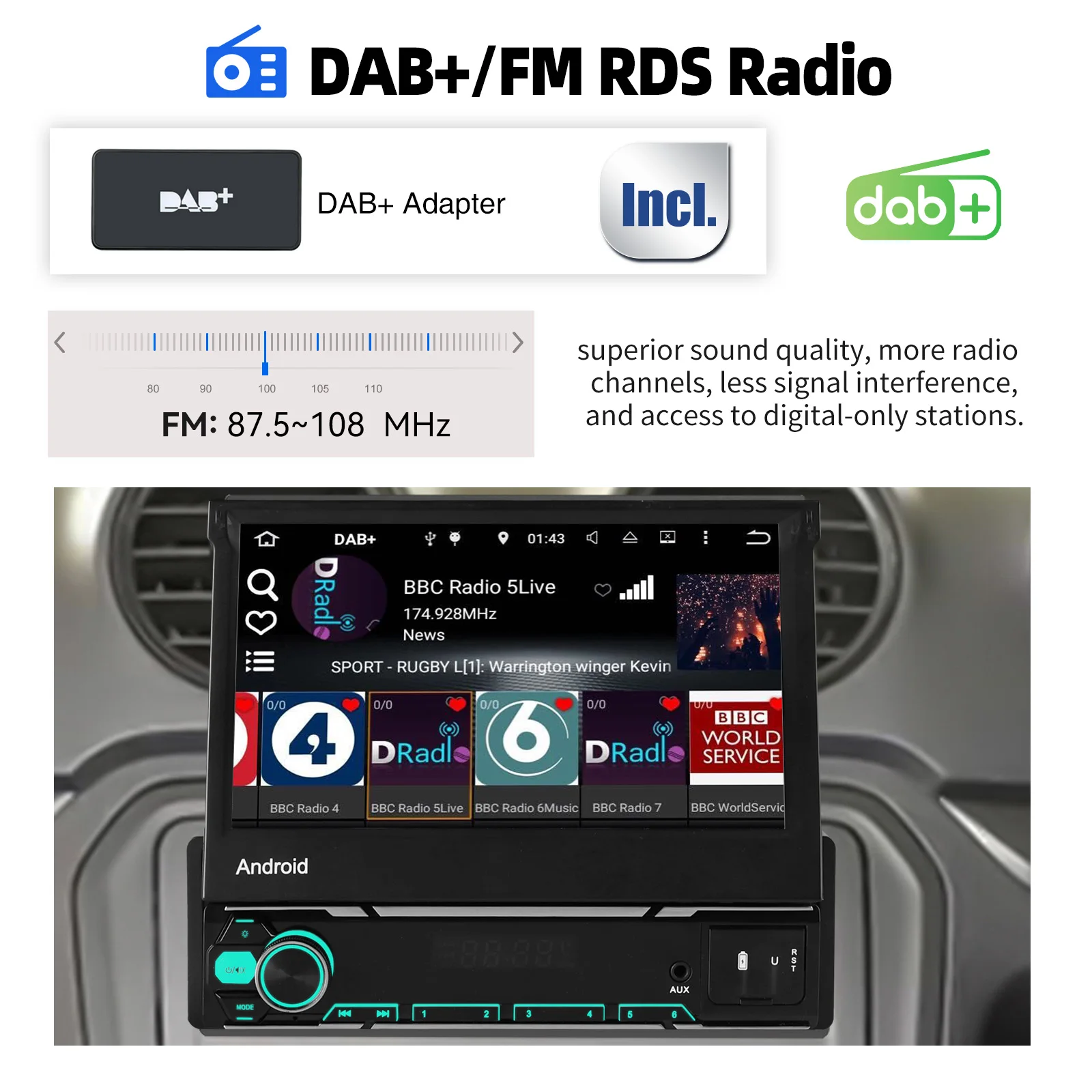 ESSGOO Android 15 Car Radio Retractable Screen Carplay 1Din Car Multimedia Player GPS Navigation Autoradio WIFI Auto Bluetooth