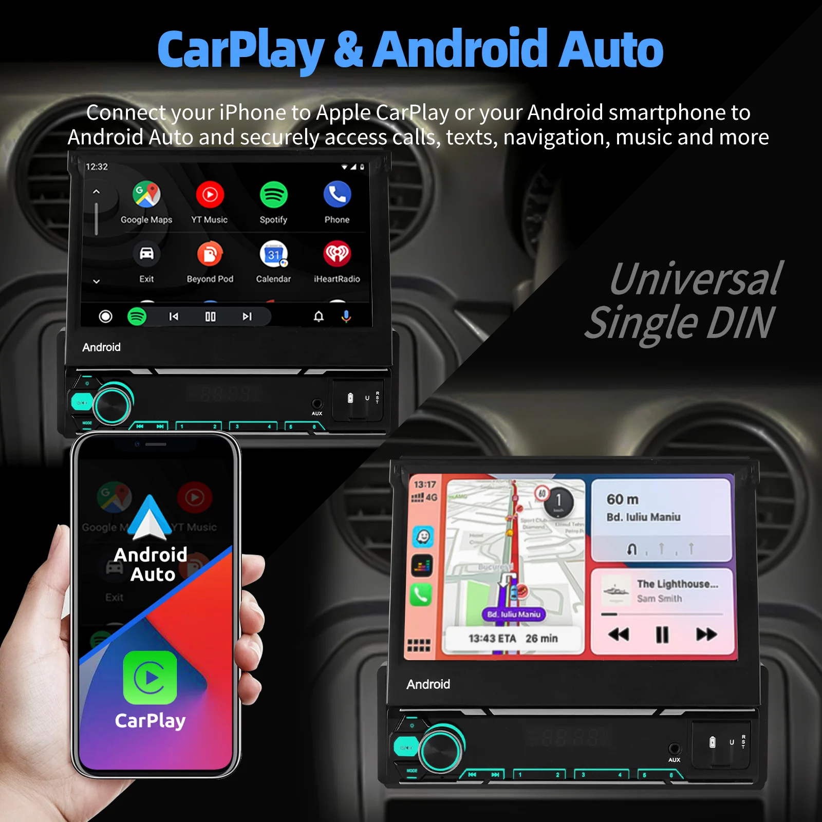 ESSGOO Android 15 Car Radio Retractable Screen Carplay 1Din Car Multimedia Player GPS Navigation Autoradio WIFI Auto Bluetooth