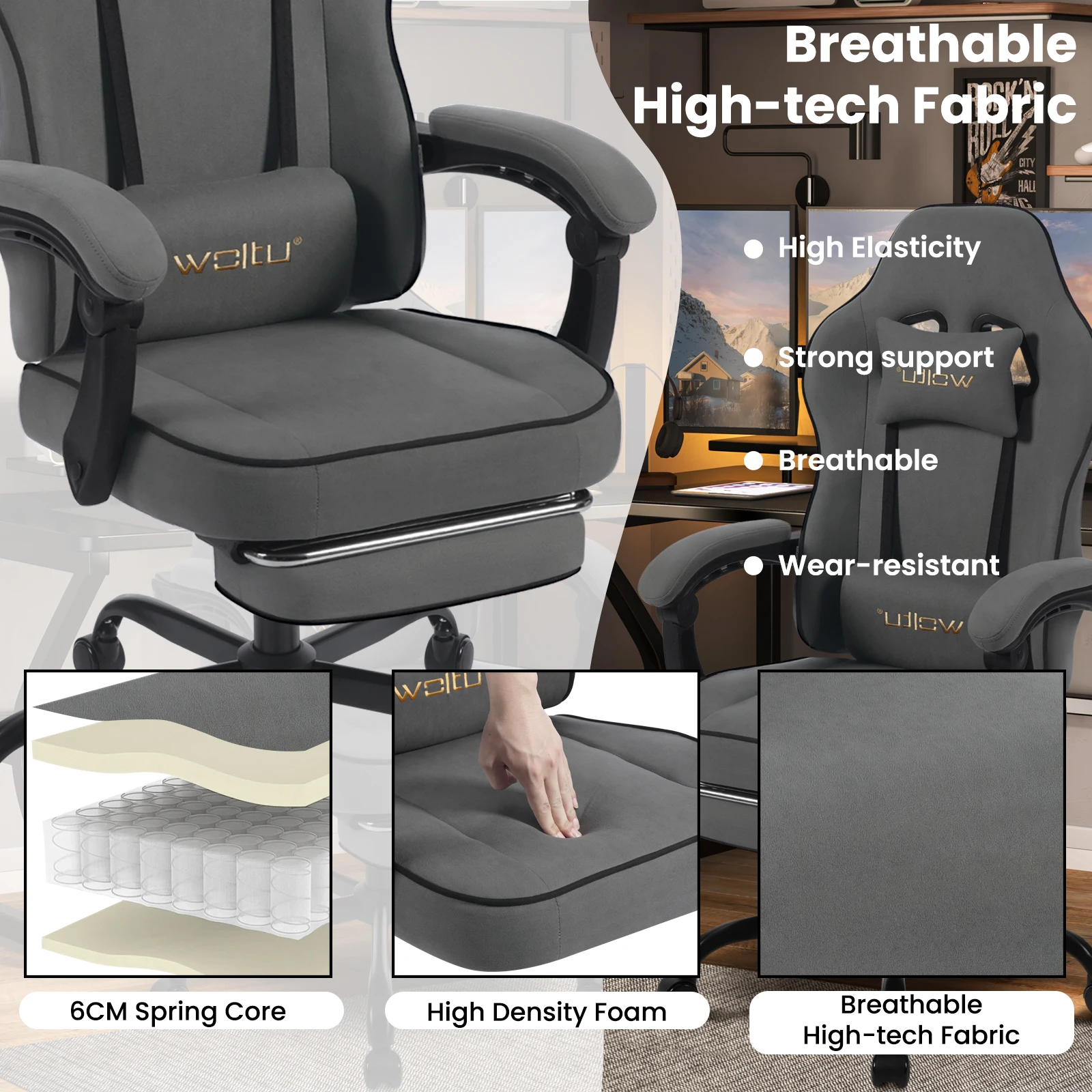 WOLTU Ergonomic Office Computer Chair Swivel Gamer Chair Gaming Chair with Lumbar Cushion Pillow Footrest