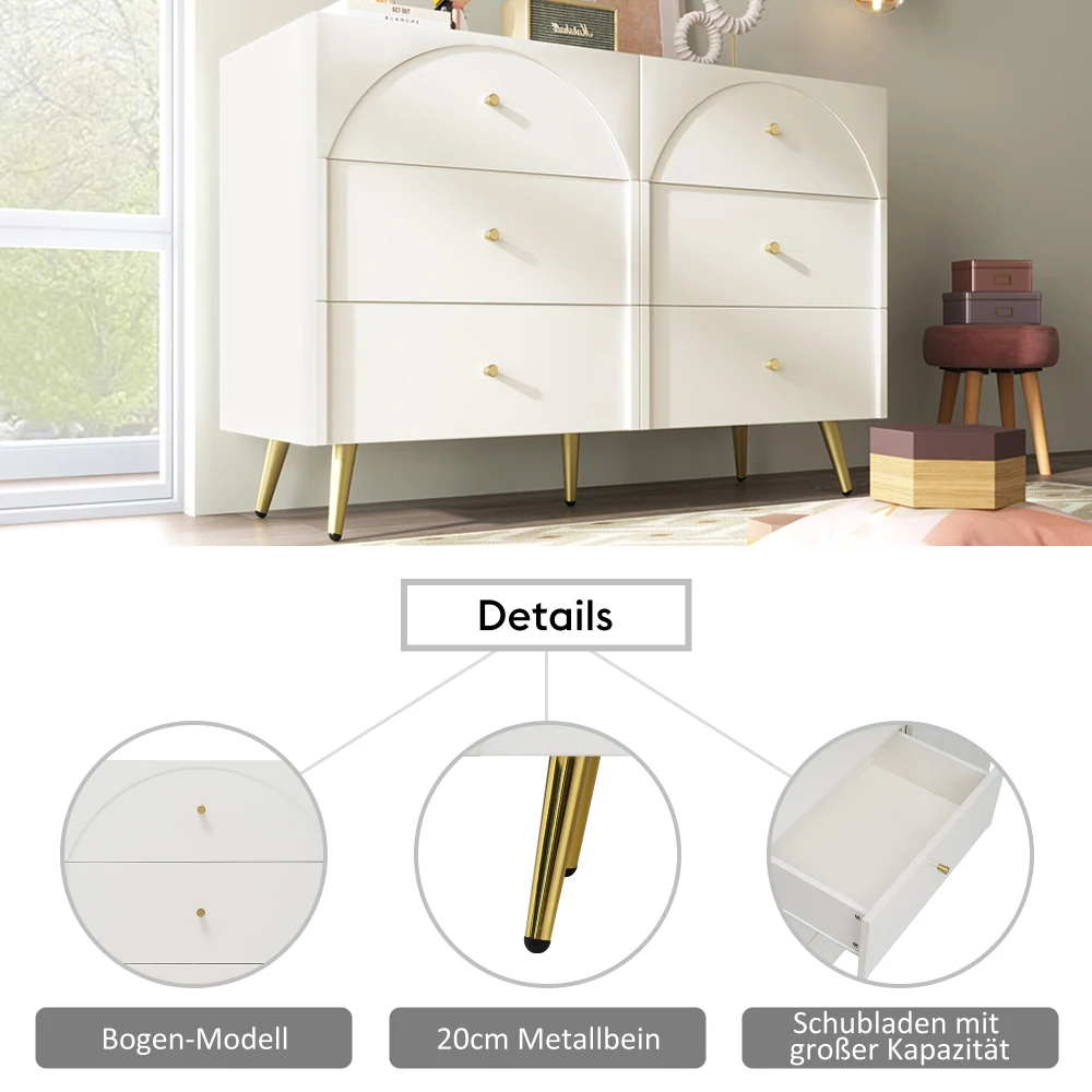 85×120×40cm Drawer Chest of Drawers Chest of Drawers with 6 Drawers, White Sideboard Highboard for Bedrooms & All Living Rooms