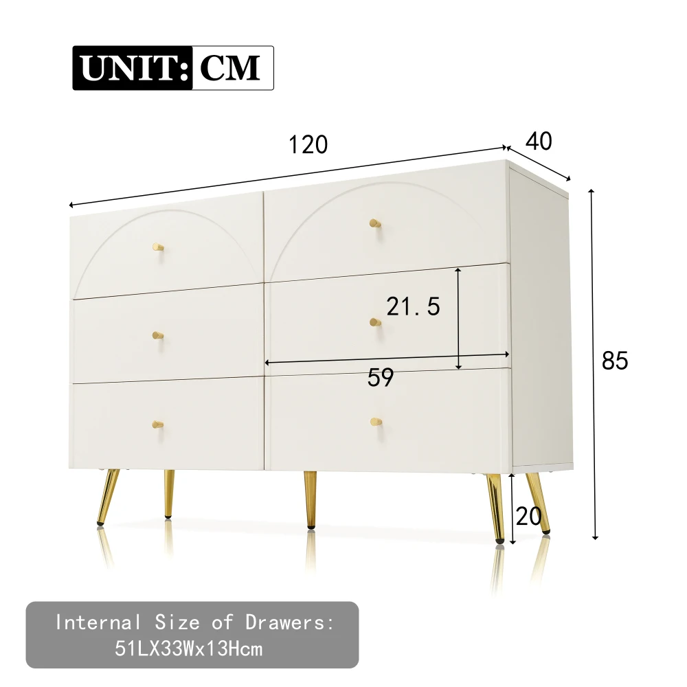 85×120×40cm Drawer Chest of Drawers Chest of Drawers with 6 Drawers, White Sideboard Highboard for Bedrooms & All Living Rooms