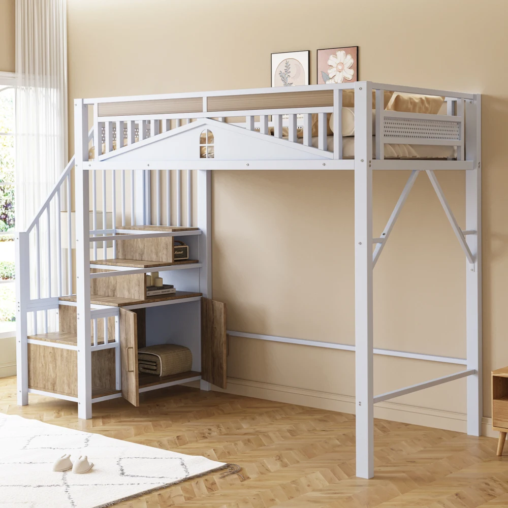90*200cm/140*200cm Modern Metal High Bed with Unique Windowed Safety Housing and Spindle Safety Ladder for Kids Bedroom