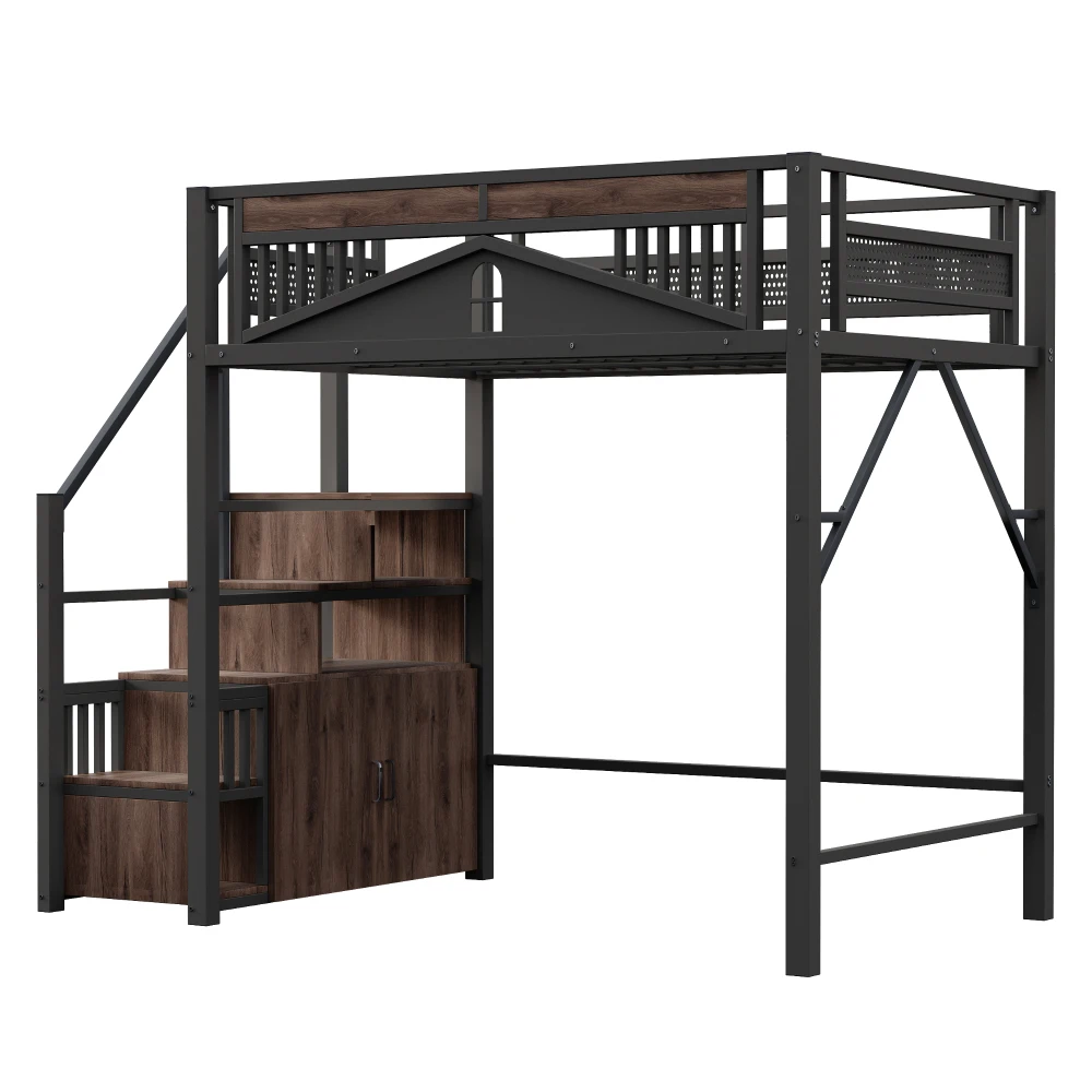 90*200cm/140*200cm Modern Metal High Bed with Unique Windowed Safety Housing and Spindle Safety Ladder for Kids Bedroom