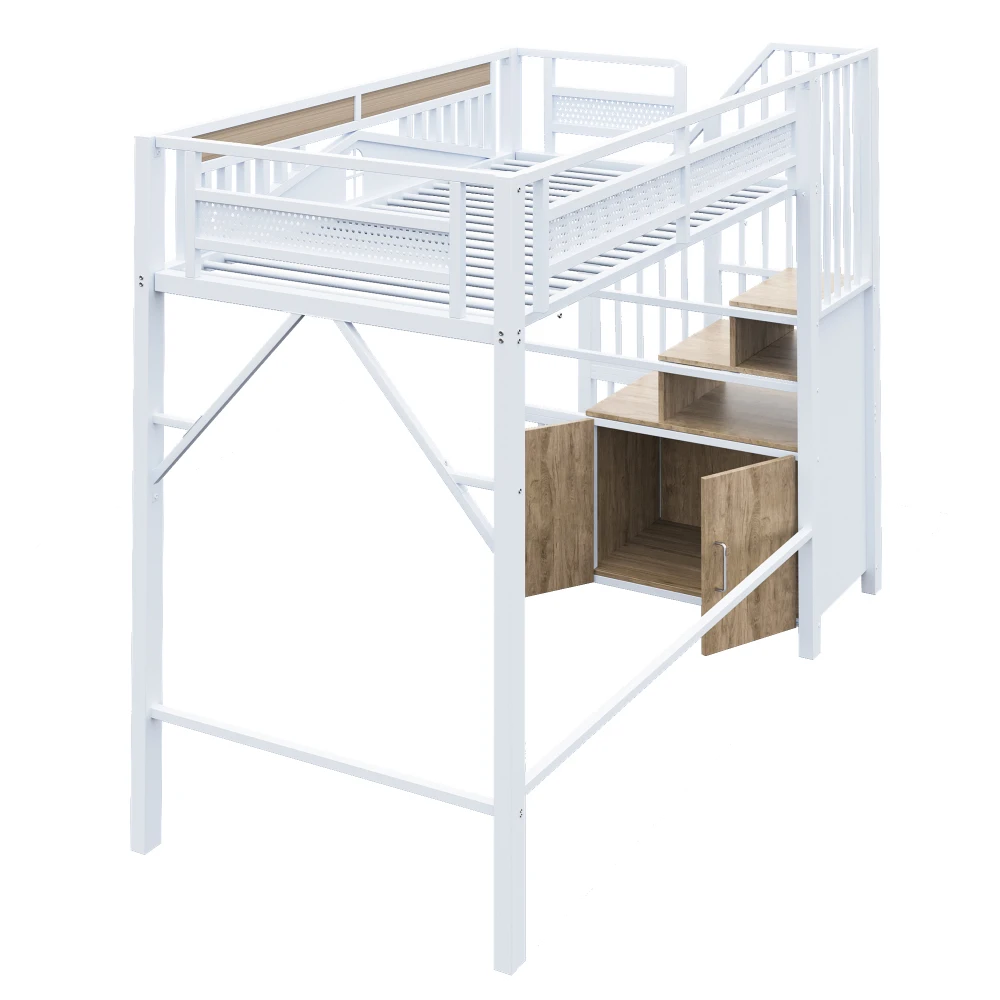 90*200cm/140*200cm Modern Metal High Bed with Unique Windowed Safety Housing and Spindle Safety Ladder for Kids Bedroom