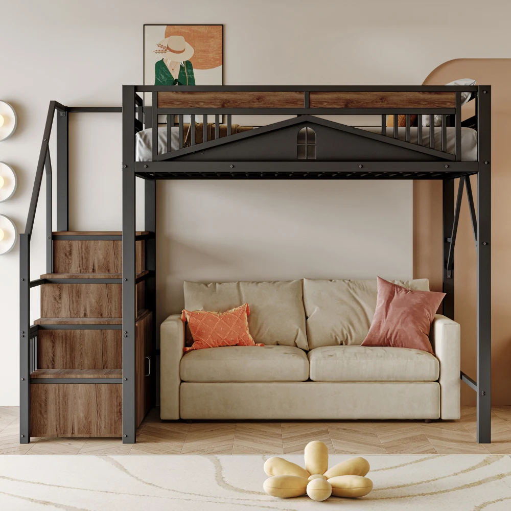 90*200cm/140*200cm Modern Metal High Bed with Unique Windowed Safety Housing and Spindle Safety Ladder for Kids Bedroom