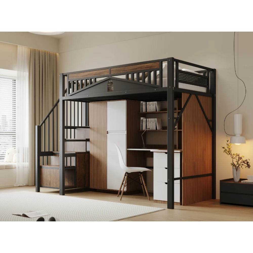 90*200cm/140*200cm Modern Metal High Bed with Unique Windowed Safety Housing and Spindle Safety Ladder for Kids Bedroom