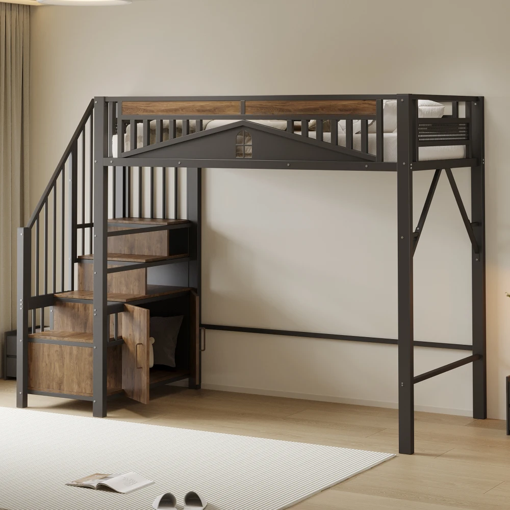 90*200cm/140*200cm Modern Metal High Bed with Unique Windowed Safety Housing and Spindle Safety Ladder for Kids Bedroom