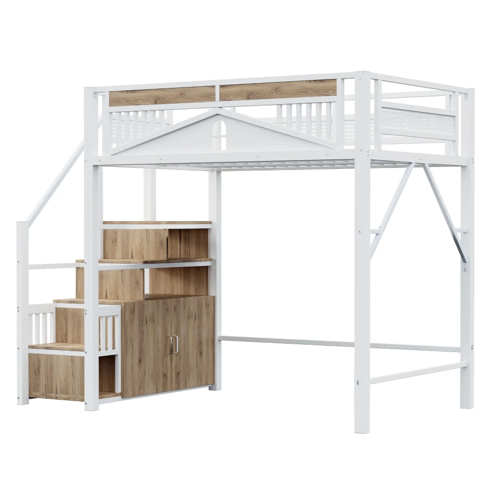 90*200cm/140*200cm Modern Metal High Bed with Unique Windowed Safety Housing and Spindle Safety Ladder for Kids Bedroom