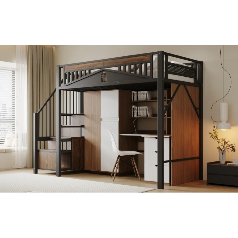 90*200cm/140*200cm Modern Metal High Bed with Unique Windowed Safety Housing and Spindle Safety Ladder for Kids Bedroom