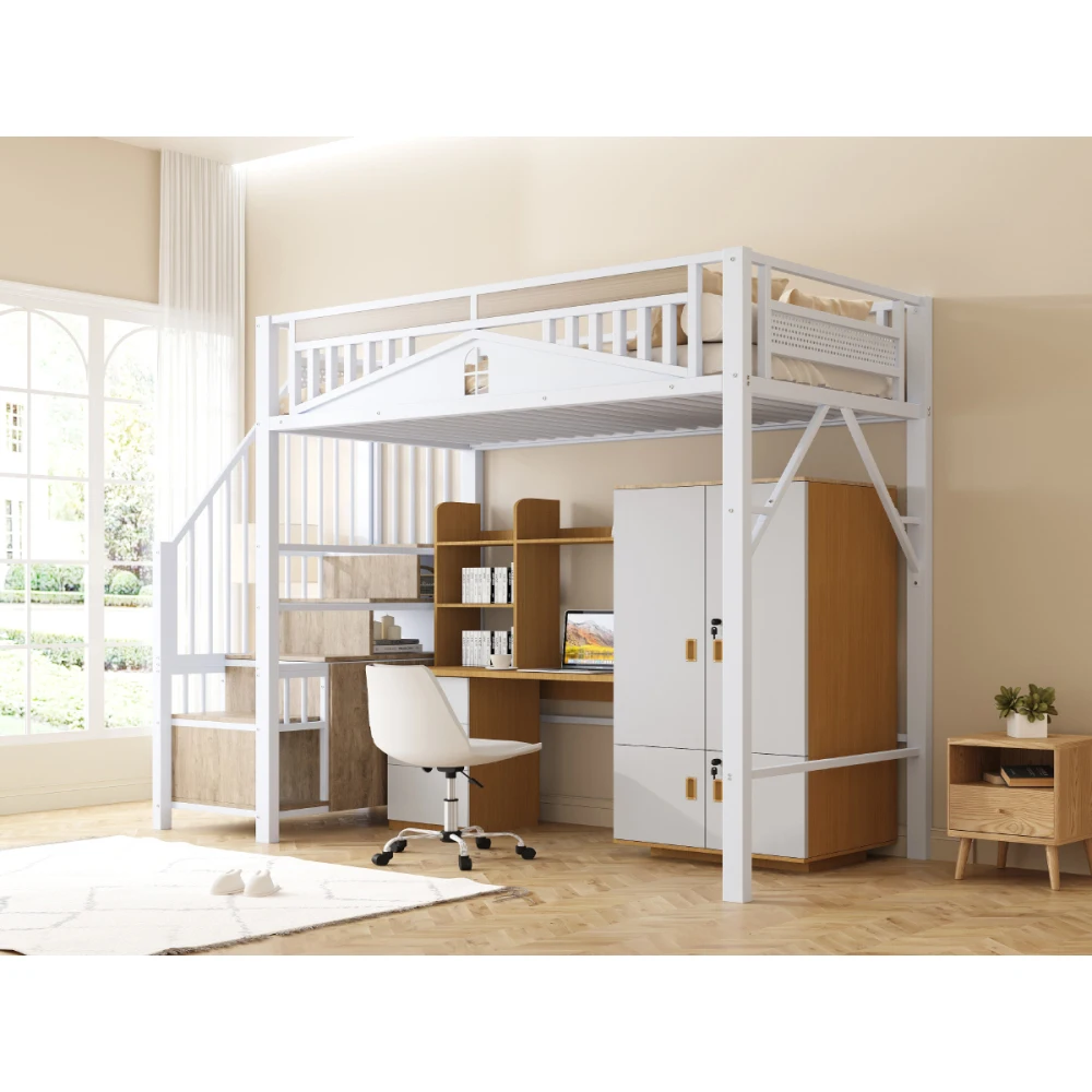 90*200cm/140*200cm Modern Metal High Bed with Unique Windowed Safety Housing and Spindle Safety Ladder for Kids Bedroom