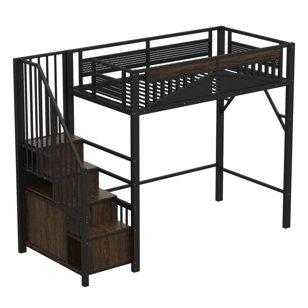90*200cm/140*200cm Modern Metal High Bed with Unique Windowed Safety Housing and Spindle Safety Ladder for Kids Bedroom