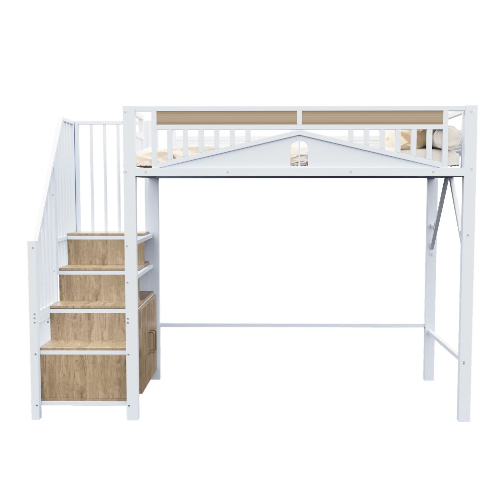 90*200cm/140*200cm Modern Metal High Bed with Unique Windowed Safety Housing and Spindle Safety Ladder for Kids Bedroom