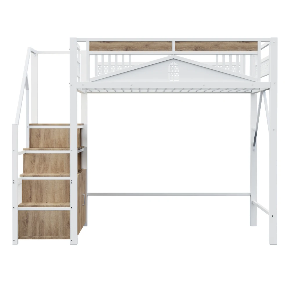 90*200cm/140*200cm Modern Metal High Bed with Unique Windowed Safety Housing and Spindle Safety Ladder for Kids Bedroom