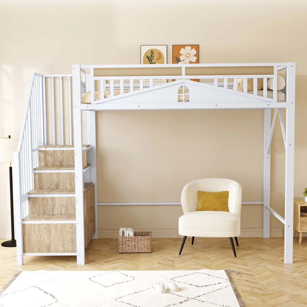 90*200cm/140*200cm Modern Metal High Bed with Unique Windowed Safety Housing and Spindle Safety Ladder for Kids Bedroom