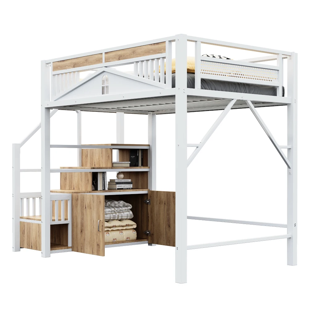 90*200cm/140*200cm Modern Metal High Bed with Unique Windowed Safety Housing and Spindle Safety Ladder for Kids Bedroom
