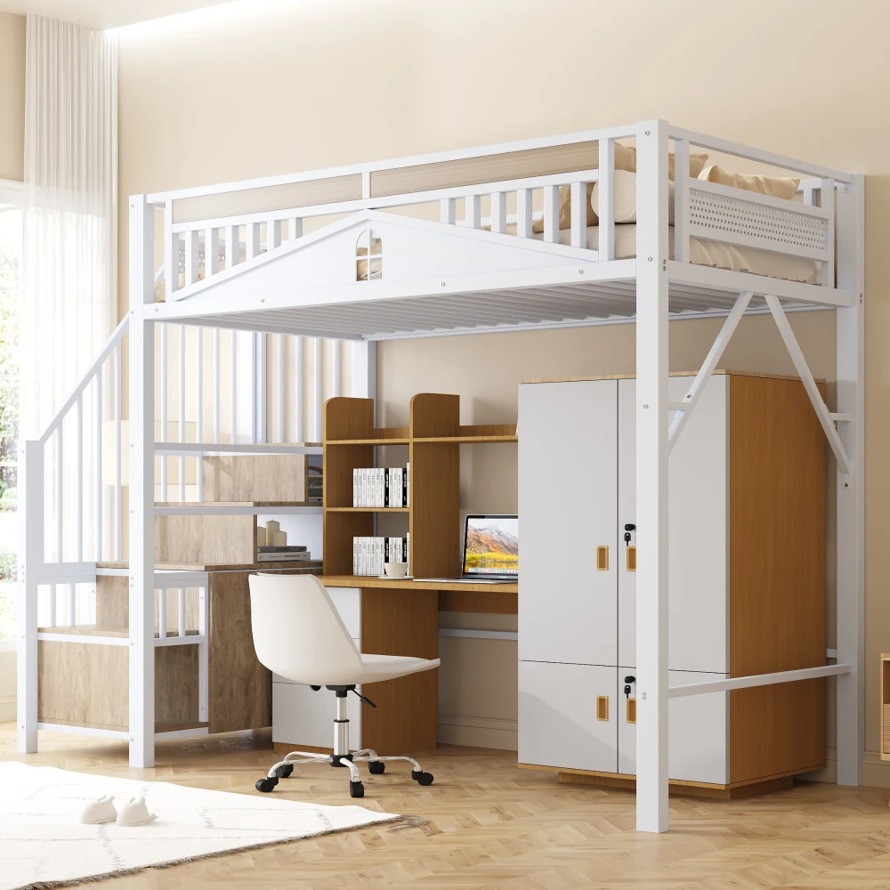 90*200cm/140*200cm Modern Metal High Bed with Unique Windowed Safety Housing and Spindle Safety Ladder for Kids Bedroom