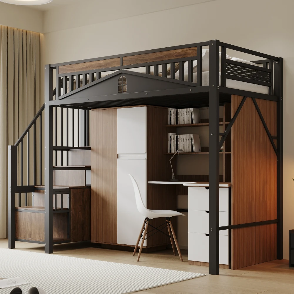 90*200cm/140*200cm Modern Metal High Bed with Unique Windowed Safety Housing and Spindle Safety Ladder for Kids Bedroom
