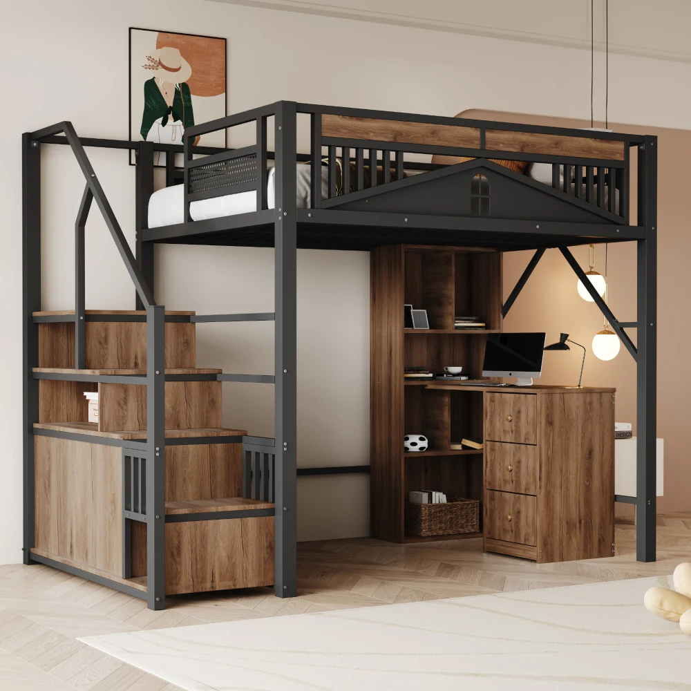 90*200cm/140*200cm Modern Metal High Bed with Unique Windowed Safety Housing and Spindle Safety Ladder for Kids Bedroom