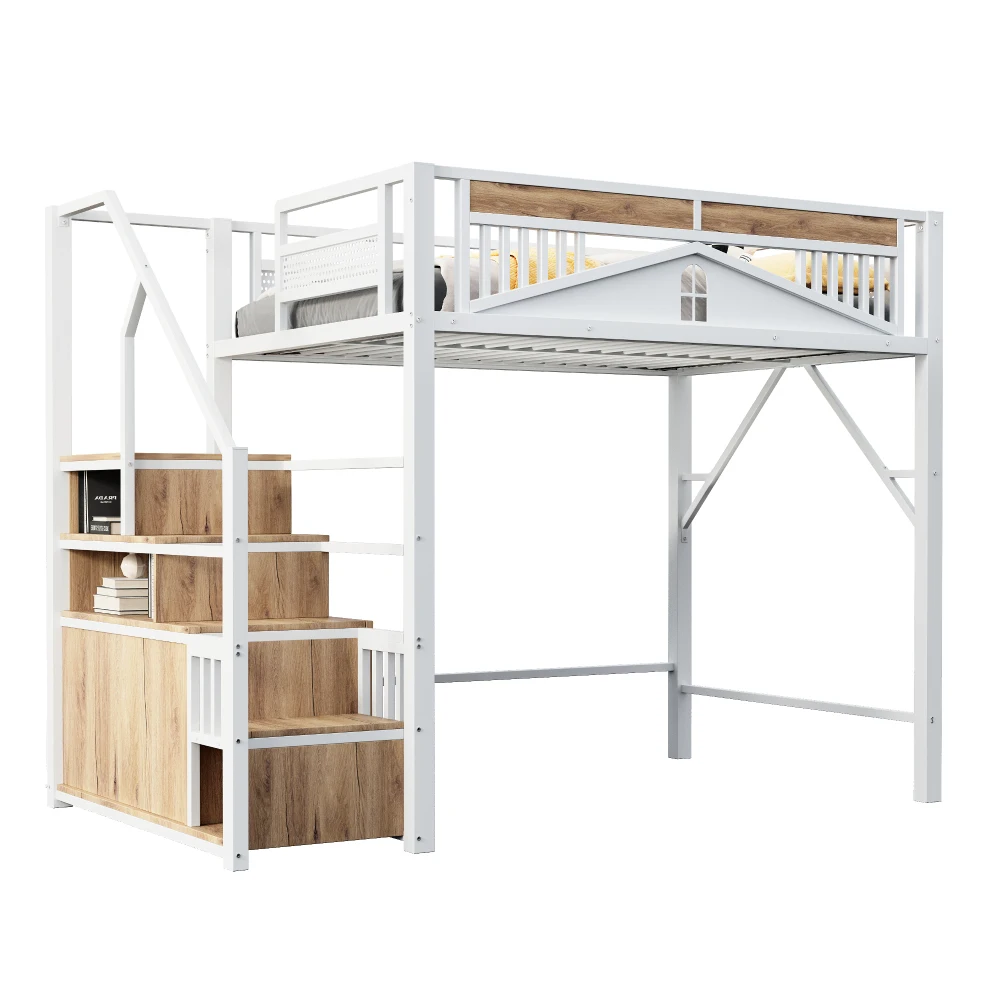 90*200cm/140*200cm Modern Metal High Bed with Unique Windowed Safety Housing and Spindle Safety Ladder for Kids Bedroom