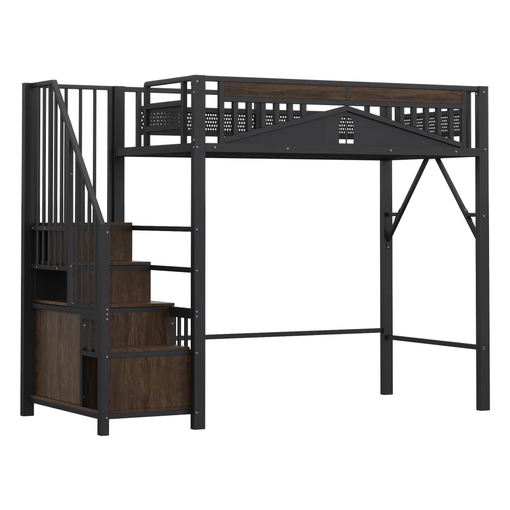 90*200cm/140*200cm Modern Metal High Bed with Unique Windowed Safety Housing and Spindle Safety Ladder for Kids Bedroom
