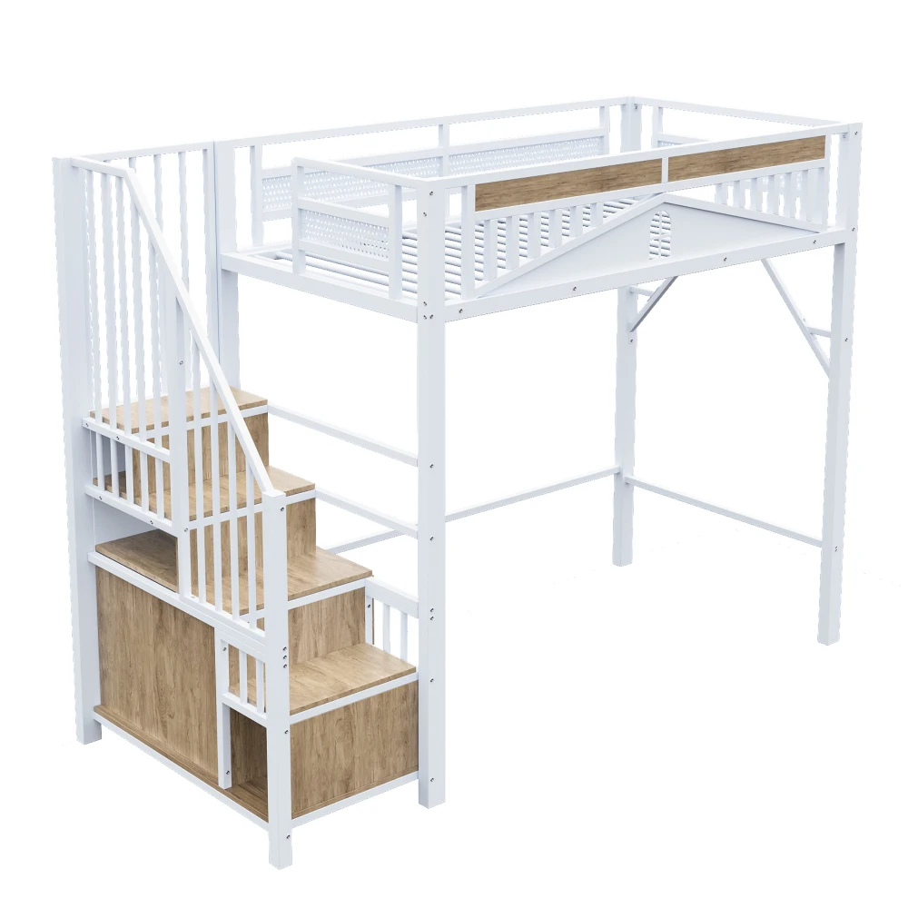 90*200cm/140*200cm Modern Metal High Bed with Unique Windowed Safety Housing and Spindle Safety Ladder for Kids Bedroom