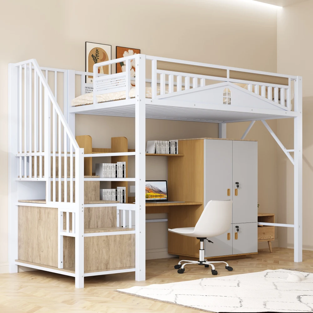 90*200cm/140*200cm Modern Metal High Bed with Unique Windowed Safety Housing and Spindle Safety Ladder for Kids Bedroom
