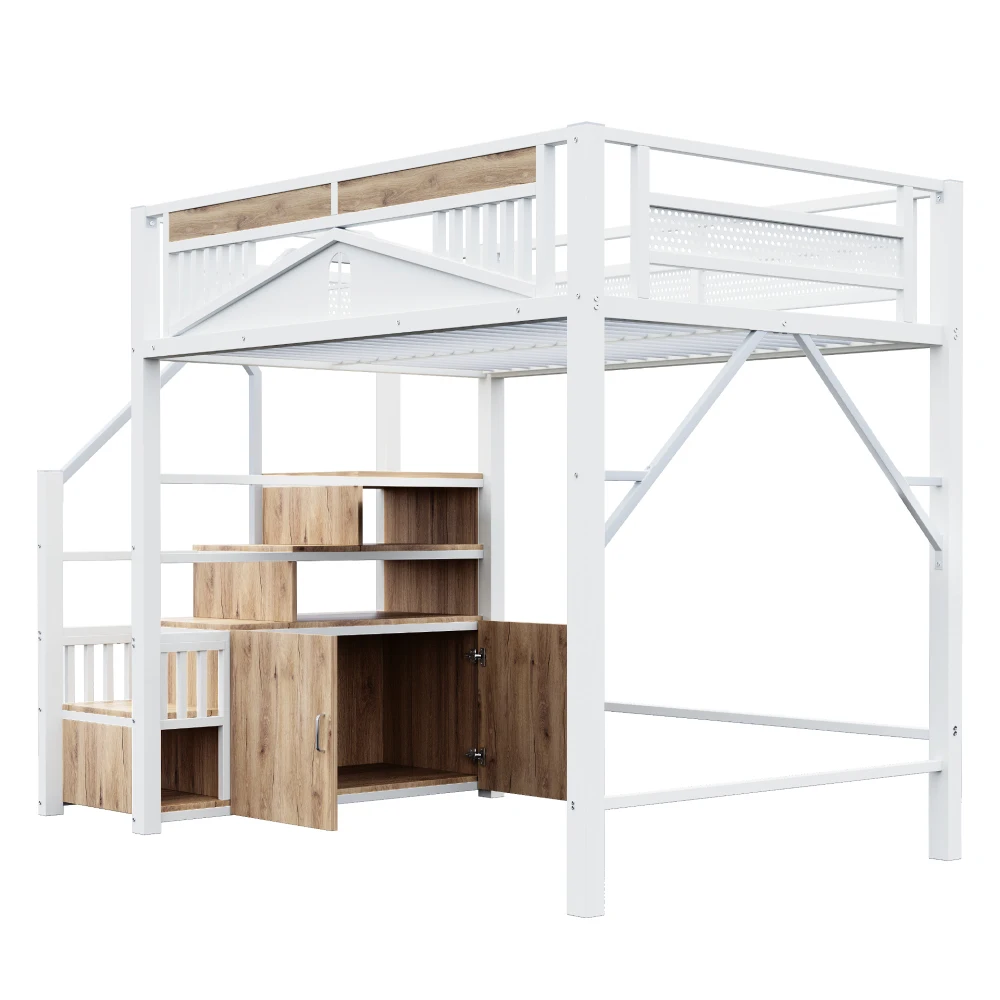 90*200cm/140*200cm Modern Metal High Bed with Unique Windowed Safety Housing and Spindle Safety Ladder for Kids Bedroom
