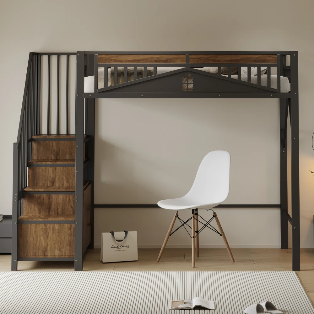 90*200cm/140*200cm Modern Metal High Bed with Unique Windowed Safety Housing and Spindle Safety Ladder for Kids Bedroom