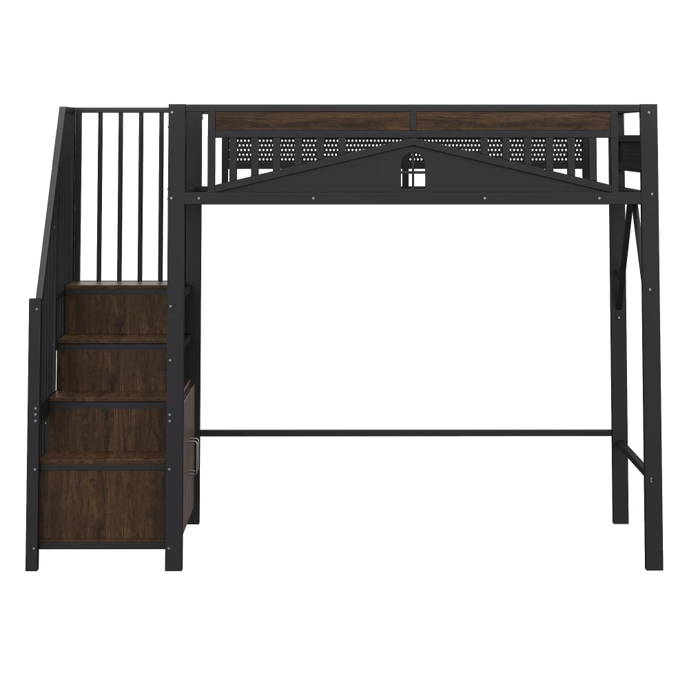 90*200cm/140*200cm Modern Metal High Bed with Unique Windowed Safety Housing and Spindle Safety Ladder for Kids Bedroom
