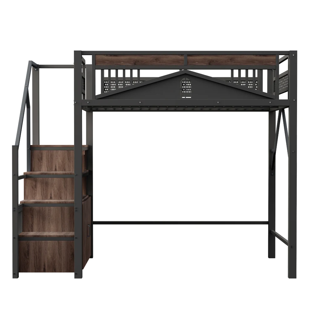 90*200cm/140*200cm Modern Metal High Bed with Unique Windowed Safety Housing and Spindle Safety Ladder for Kids Bedroom