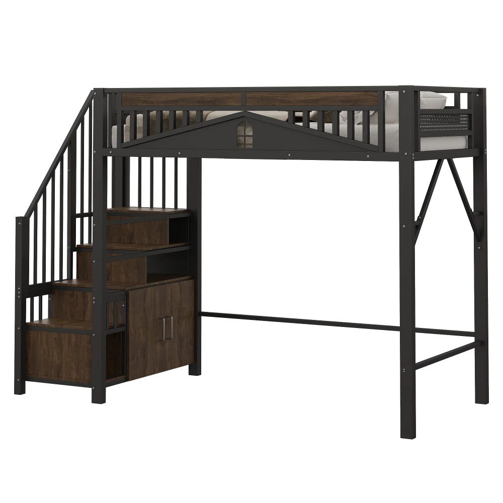 90*200cm/140*200cm Modern Metal High Bed with Unique Windowed Safety Housing and Spindle Safety Ladder for Kids Bedroom
