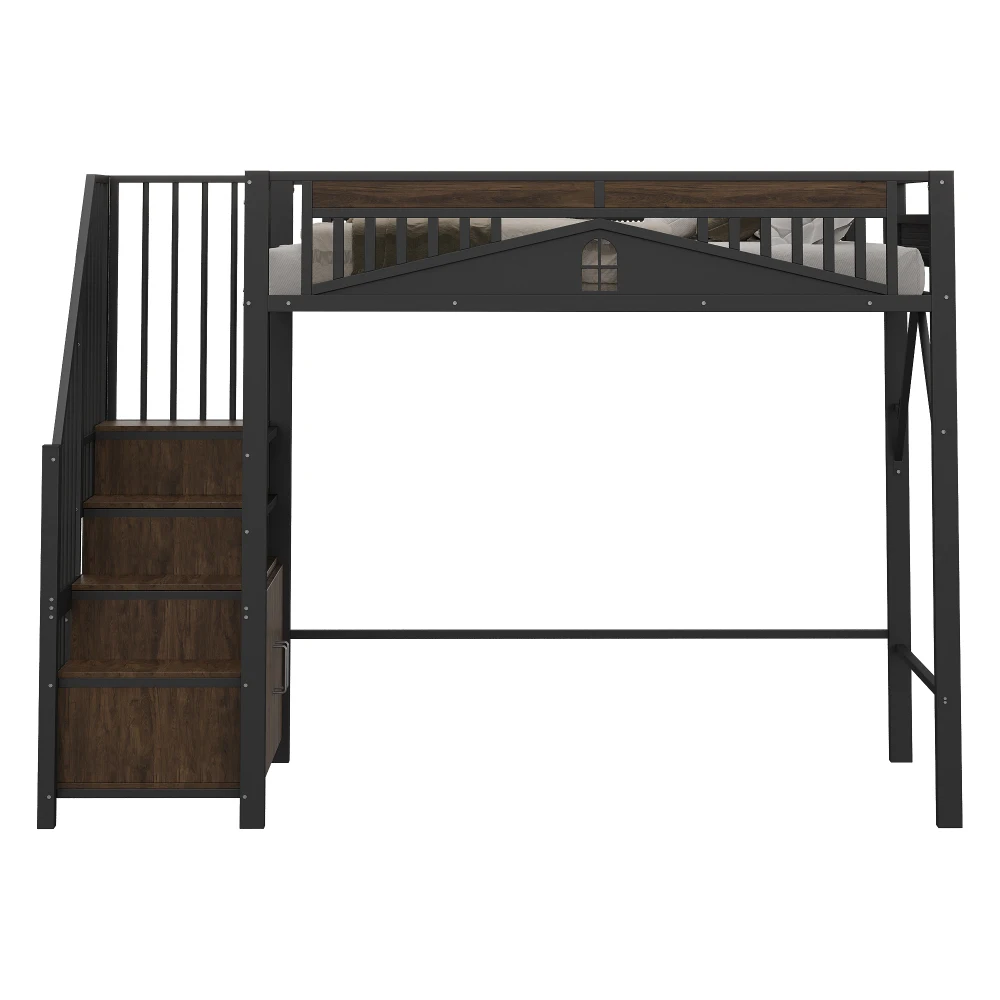 90*200cm/140*200cm Modern Metal High Bed with Unique Windowed Safety Housing and Spindle Safety Ladder for Kids Bedroom