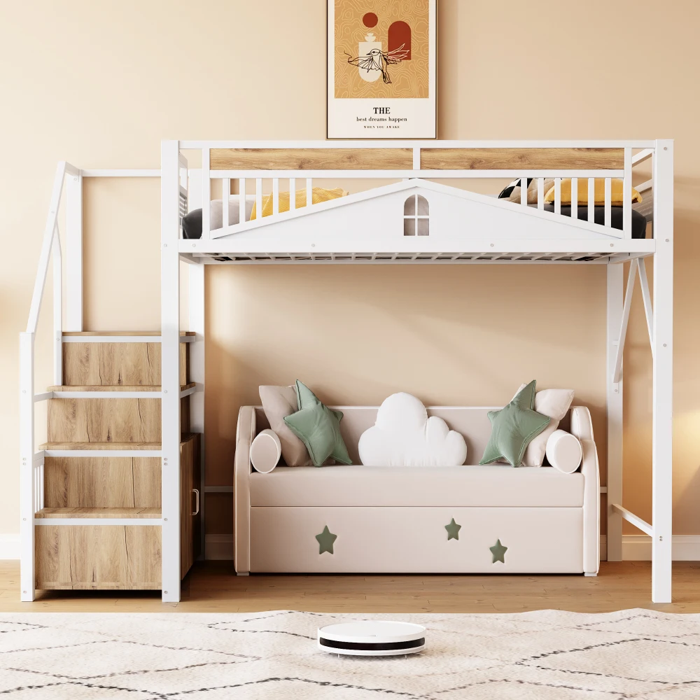 90*200cm/140*200cm Modern Metal High Bed with Unique Windowed Safety Housing and Spindle Safety Ladder for Kids Bedroom