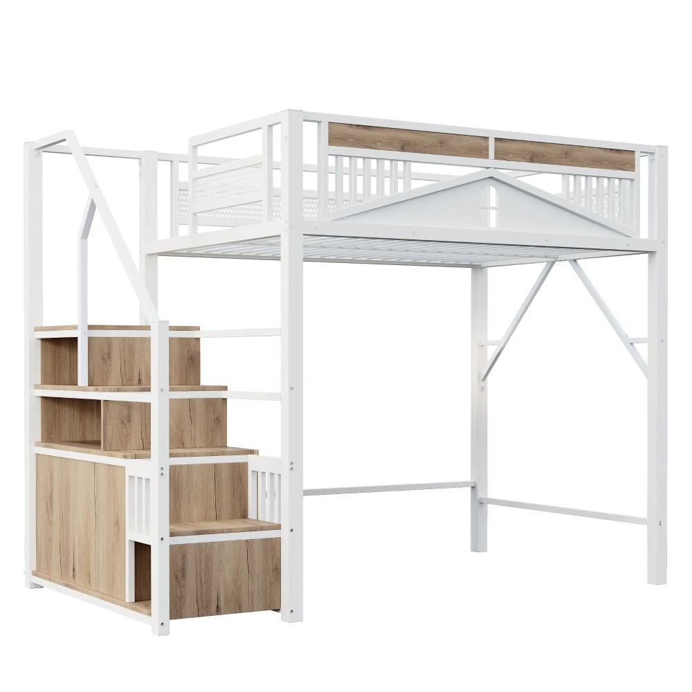 90*200cm/140*200cm Modern Metal High Bed with Unique Windowed Safety Housing and Spindle Safety Ladder for Kids Bedroom