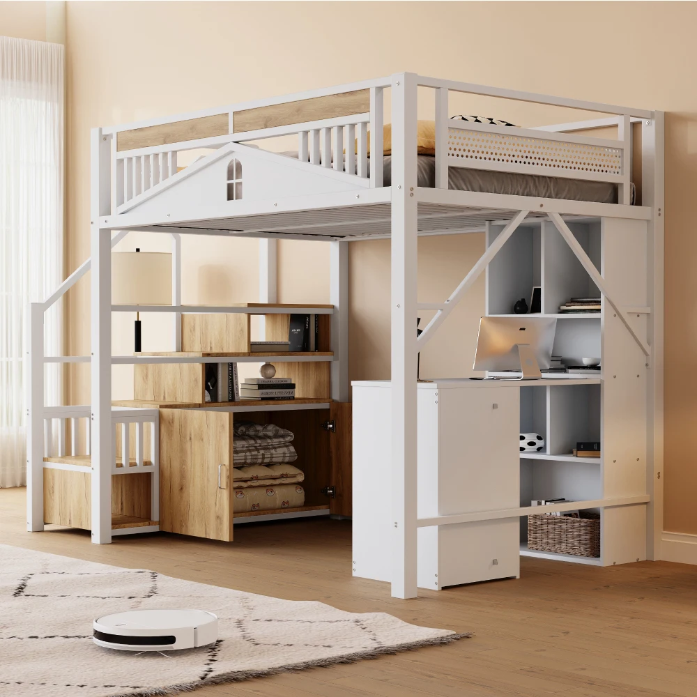 90*200cm/140*200cm Modern Metal High Bed with Unique Windowed Safety Housing and Spindle Safety Ladder for Kids Bedroom