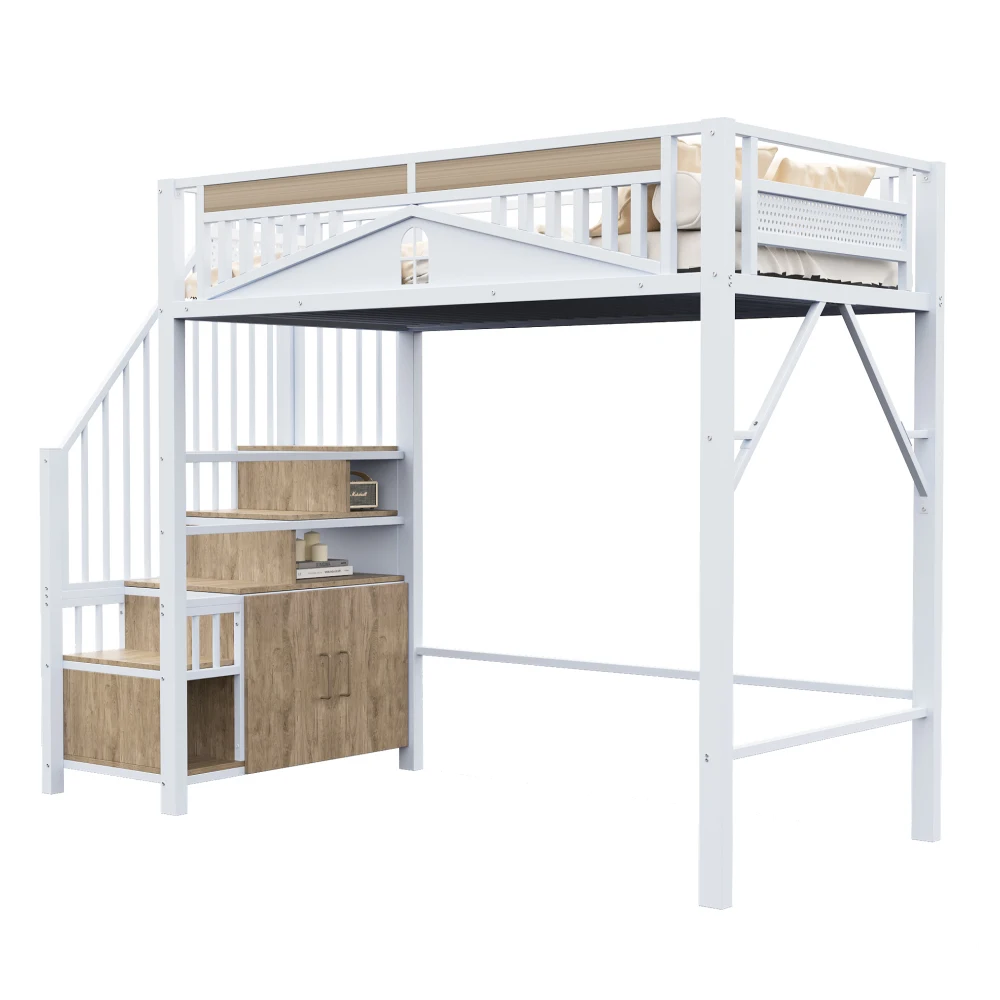 90*200cm/140*200cm Modern Metal High Bed with Unique Windowed Safety Housing and Spindle Safety Ladder for Kids Bedroom