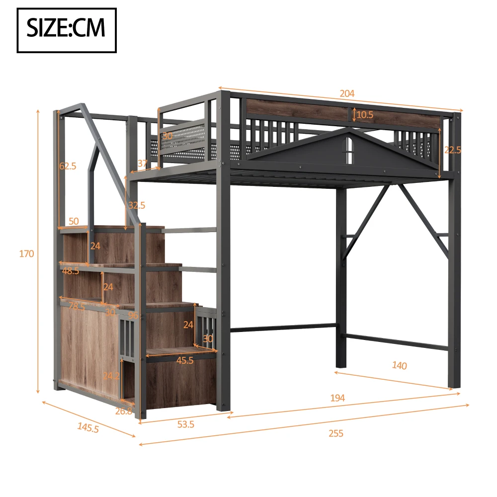 90*200cm/140*200cm Modern Metal High Bed with Unique Windowed Safety Housing and Spindle Safety Ladder for Kids Bedroom