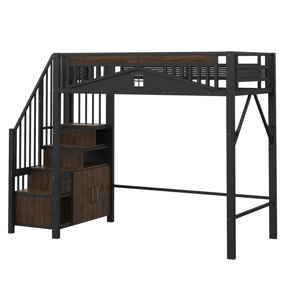90*200cm/140*200cm Modern Metal High Bed with Unique Windowed Safety Housing and Spindle Safety Ladder for Kids Bedroom