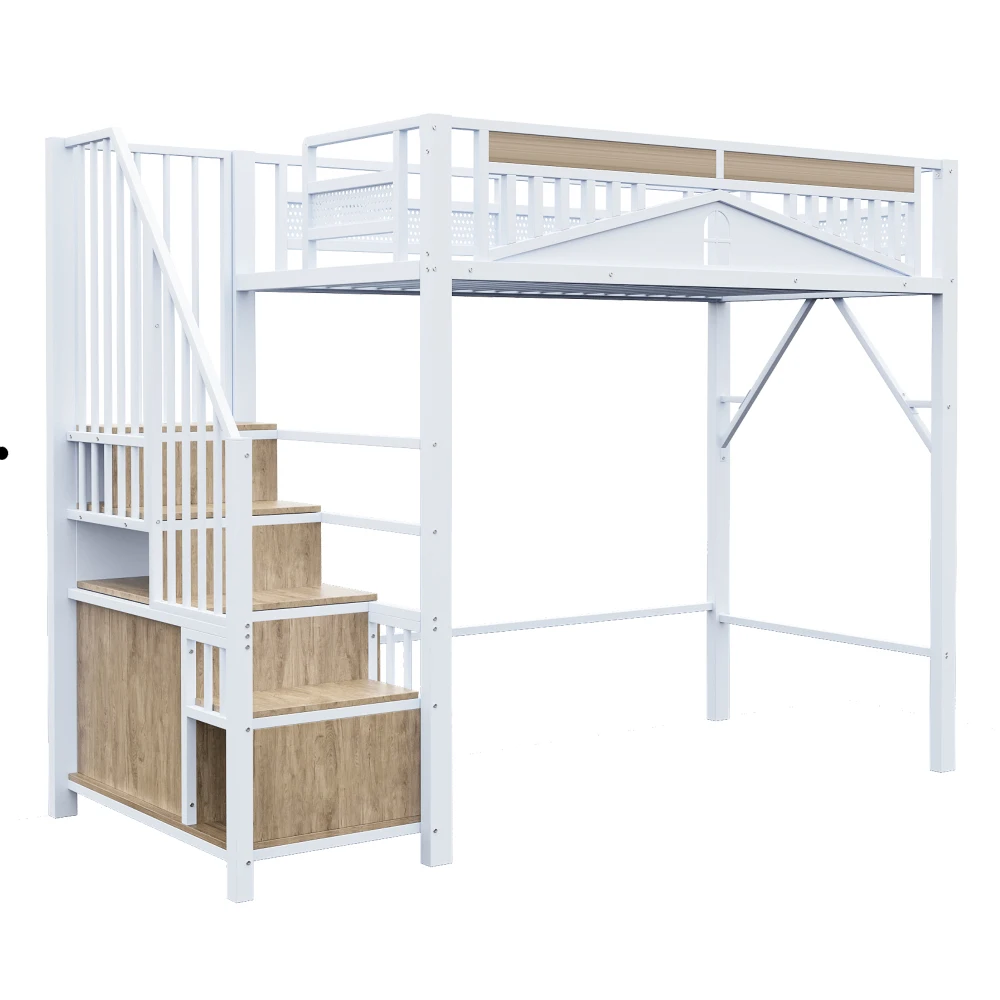 90*200cm/140*200cm Modern Metal High Bed with Unique Windowed Safety Housing and Spindle Safety Ladder for Kids Bedroom
