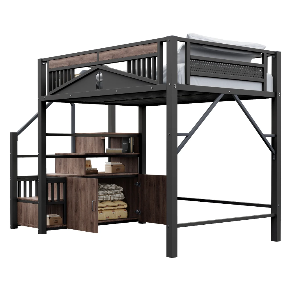90*200cm/140*200cm Modern Metal High Bed with Unique Windowed Safety Housing and Spindle Safety Ladder for Kids Bedroom