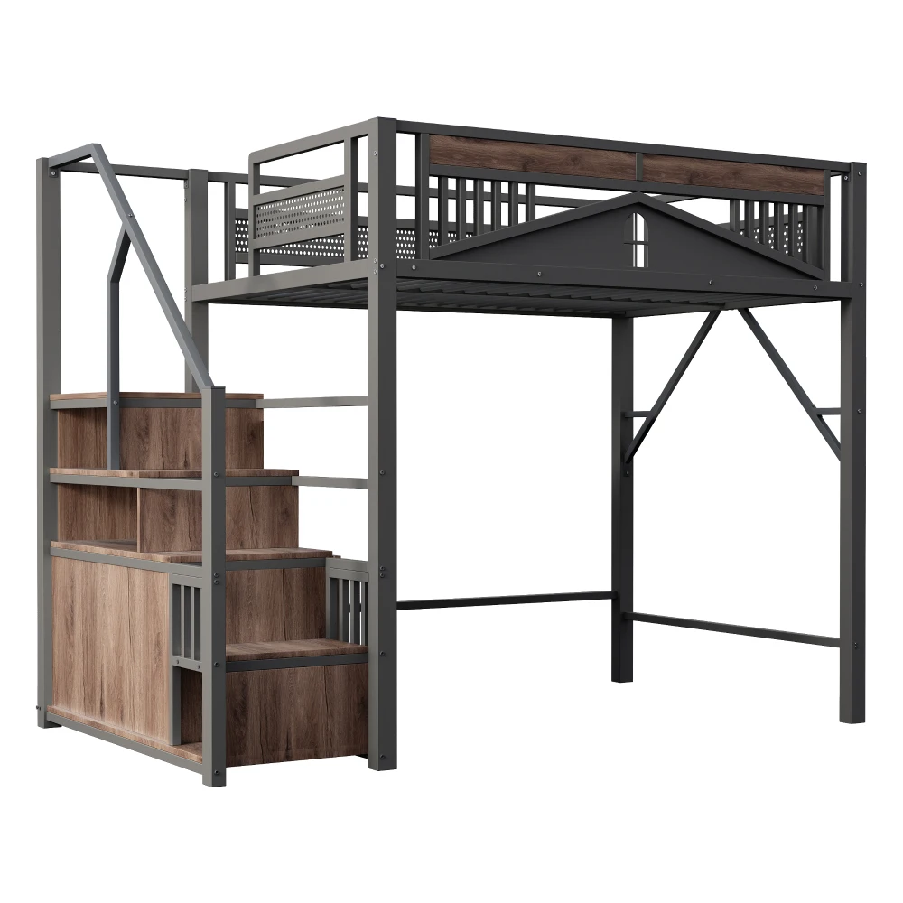 90*200cm/140*200cm Modern Metal High Bed with Unique Windowed Safety Housing and Spindle Safety Ladder for Kids Bedroom