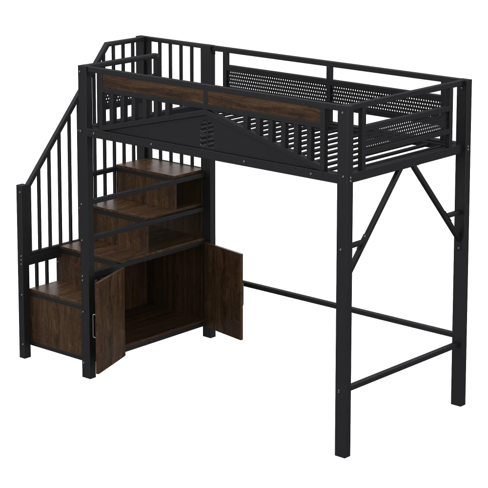 90*200cm/140*200cm Modern Metal High Bed with Unique Windowed Safety Housing and Spindle Safety Ladder for Kids Bedroom